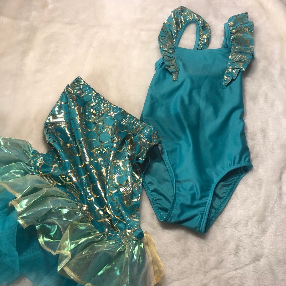 3T turquoise & gold mermaid swimsuit w skirt.